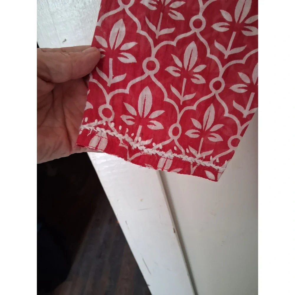 Dolma Womens Red White Block Print Embroidered Cotton Tunic Top Size S Boho - Picture 4 of 6